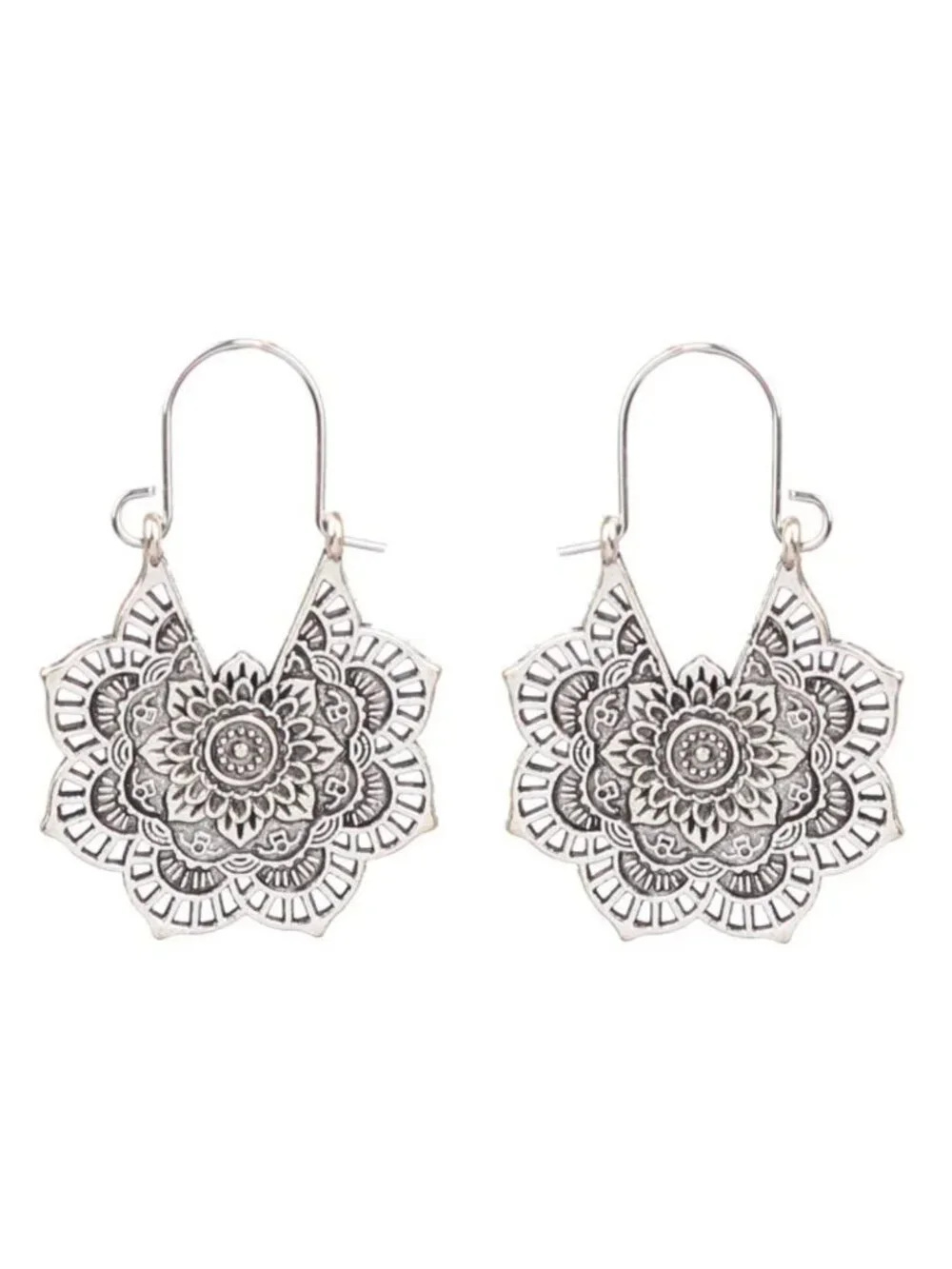 Mandala Style Silver Drop Earrings Lightweight Boho Floral Design